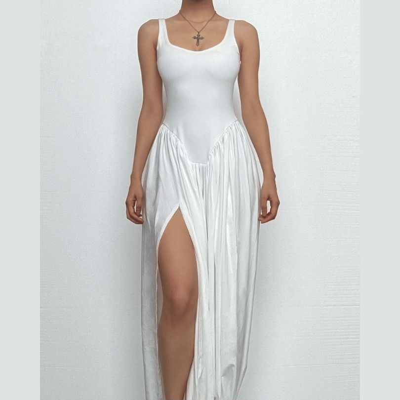 U neck ruched high slit backless cami maxi dress