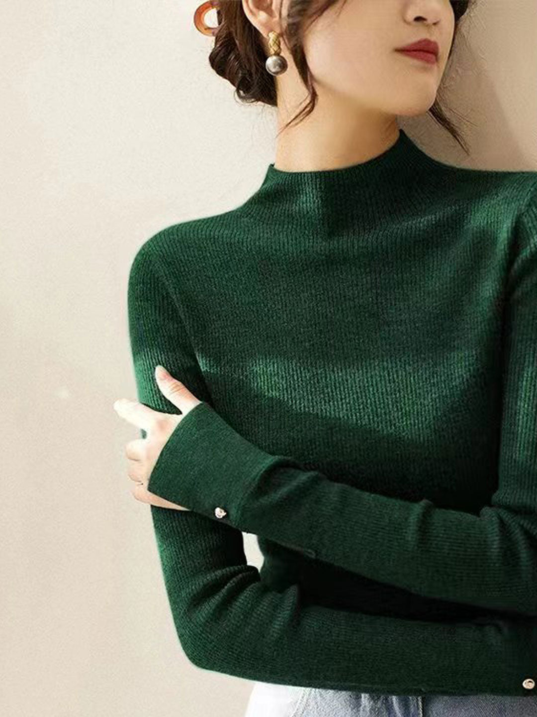 Sophia Classic Turtleneck Solid Color Knitted Sweater-Green