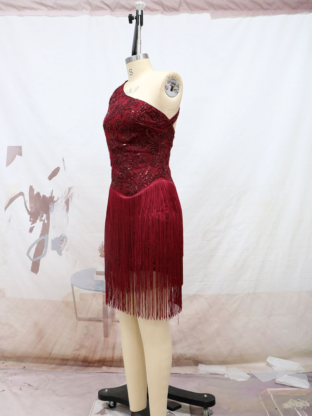 Burgundy One Shoulder Tassel Backless Sequins Dress