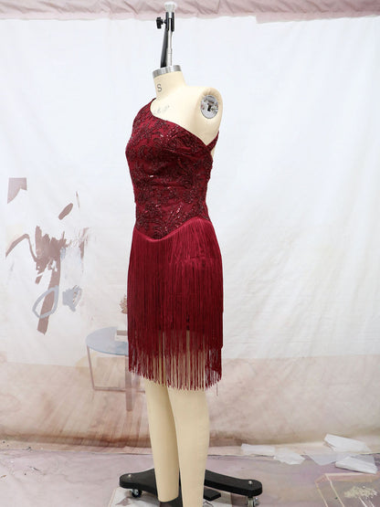 Burgundy One Shoulder Tassel Backless Sequins Dress