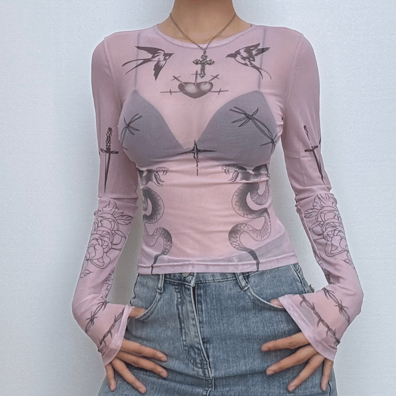 Long sleeve angel print sheer mesh crewneck top