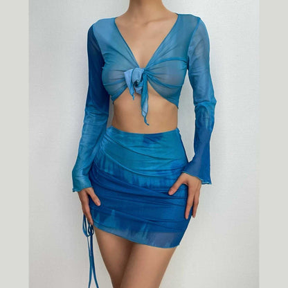 Flared sleeve mesh see through skirt set