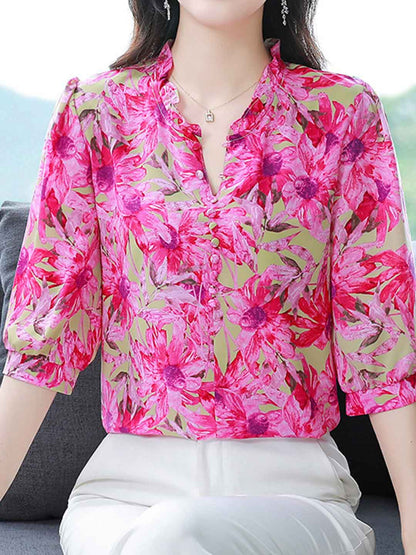 Bailey Loose V-neck Floral Ruffle Chiffon Top