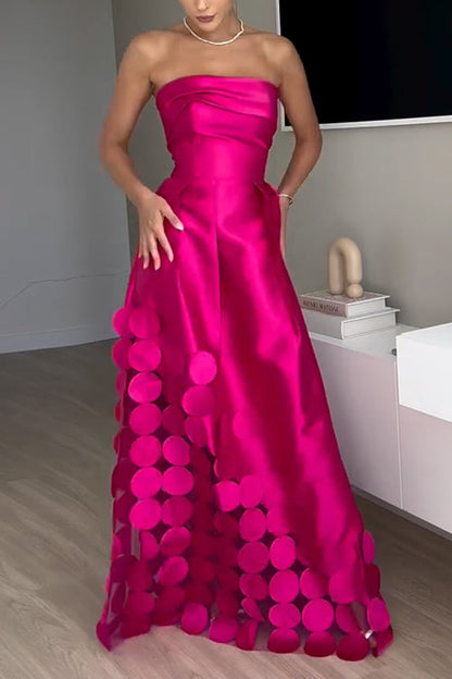 Strapless Waisted Polka Dot Applique Maxi Party Dress