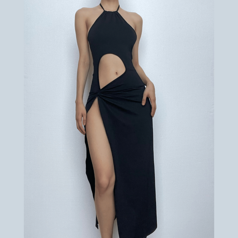 Halter Neck Circular Cutout Ruched Side Slit Maxi Dress