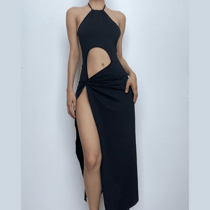 Halter Neck Circular Cutout Ruched Side Slit Maxi Dress