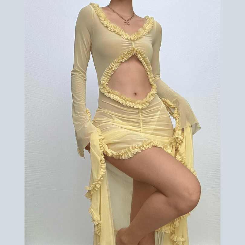 Long sleeve ruffle hollow out v neck sheer mesh cut out maxi dress