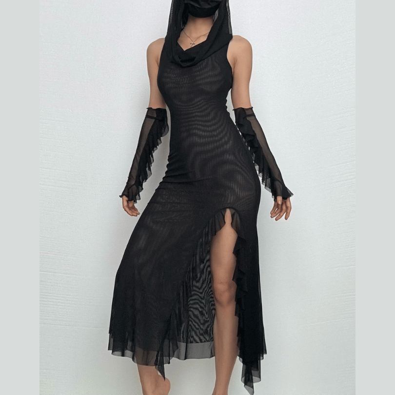 Sleeveless solid mesh slit gloves hoodie midi dress