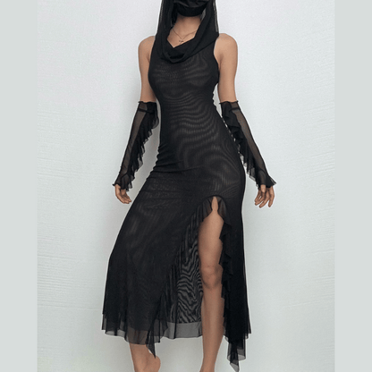 Sleeveless solid mesh slit gloves hoodie midi dress