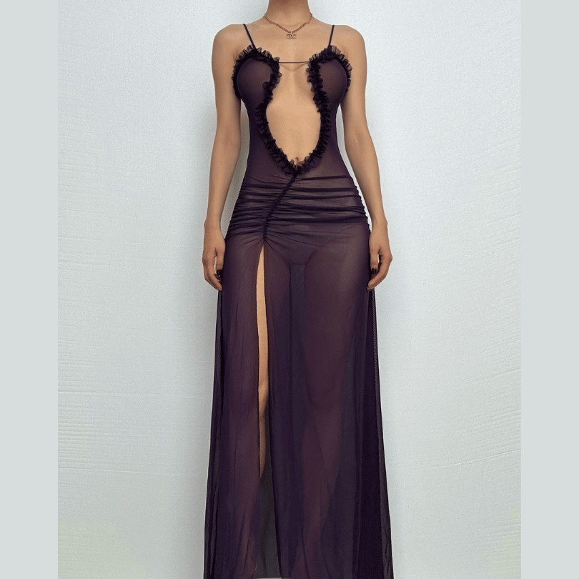Sheer mesh hollow out ruched high slit cami cut out maxi dress