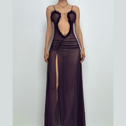 Sheer mesh hollow out ruched high slit cami cut out maxi dress