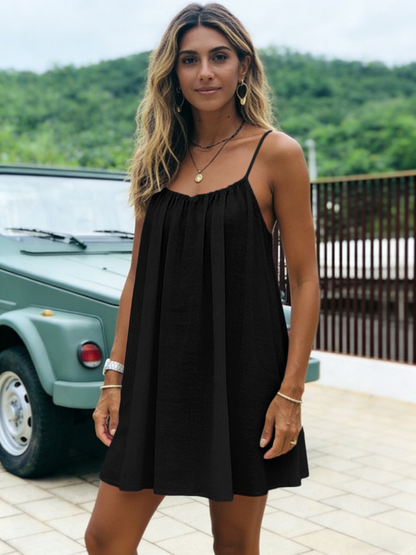 Ice Silk Pleated Solid Color Ruched Backless Short Dress