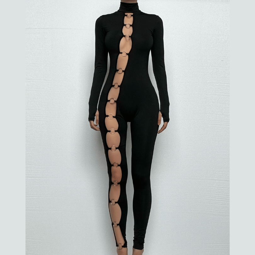 Long sleeve high neck o ring irregular jumpsuit
