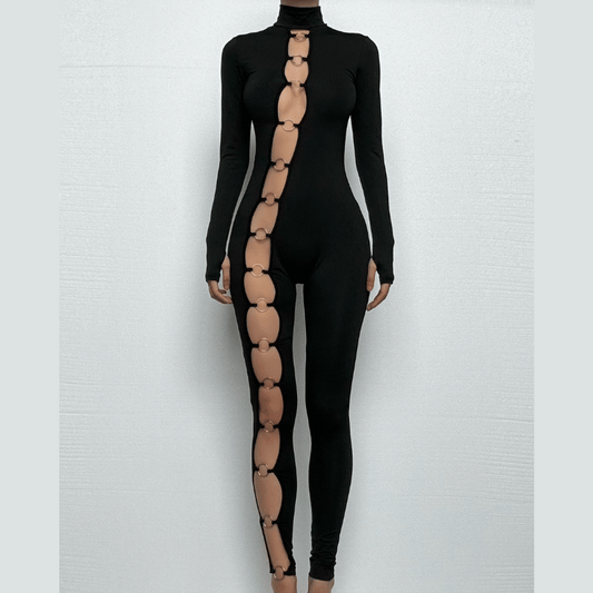 Long sleeve high neck o ring irregular jumpsuit