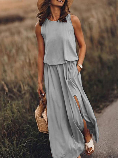 Round Neck Sleeveless Slit Long Dress