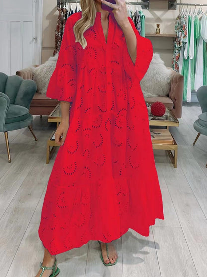 Lace Cutout V-neck Buttons  Flare Sleeve Maxi Dresses