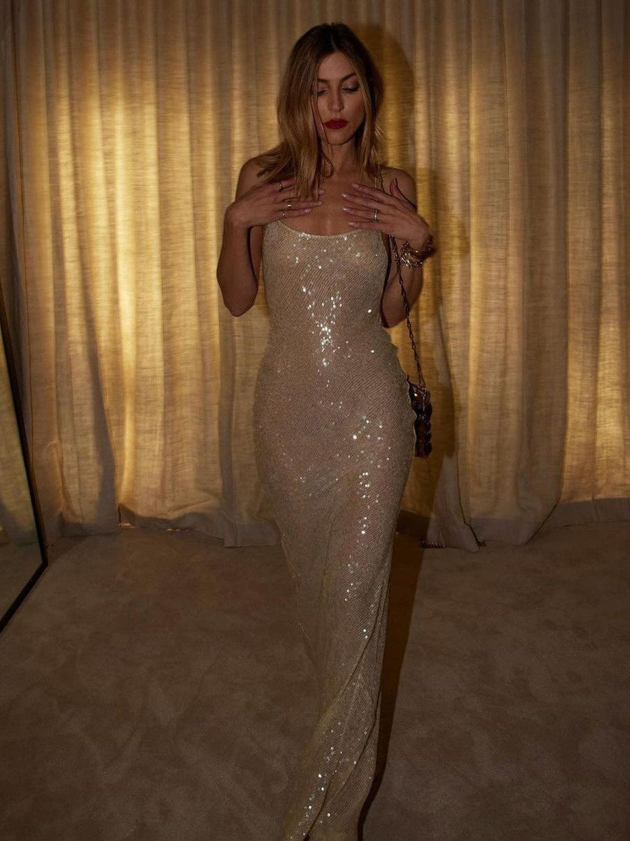 Spaghetti Strap Backless Slip Glitter Maxi Dress