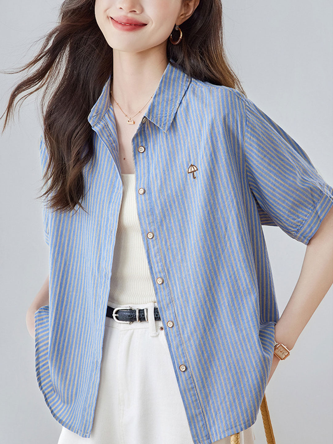 Genesis Loose Lapel Embroidered Striped Shirt