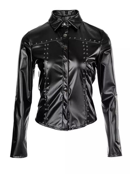 Mosaic Studs Lapel PU Leather Shirts