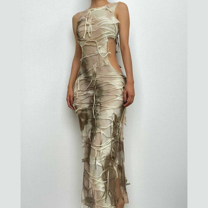 Tie Dye Shredded Side Cutout High Slit Sleeveless Maxi Dress