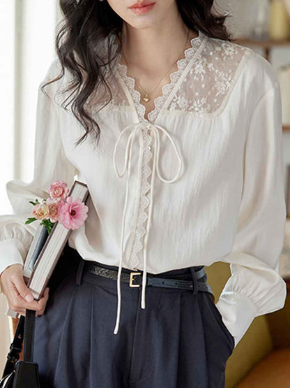 Aubrey Vintage V-neck Patchwork Lace Shirt
