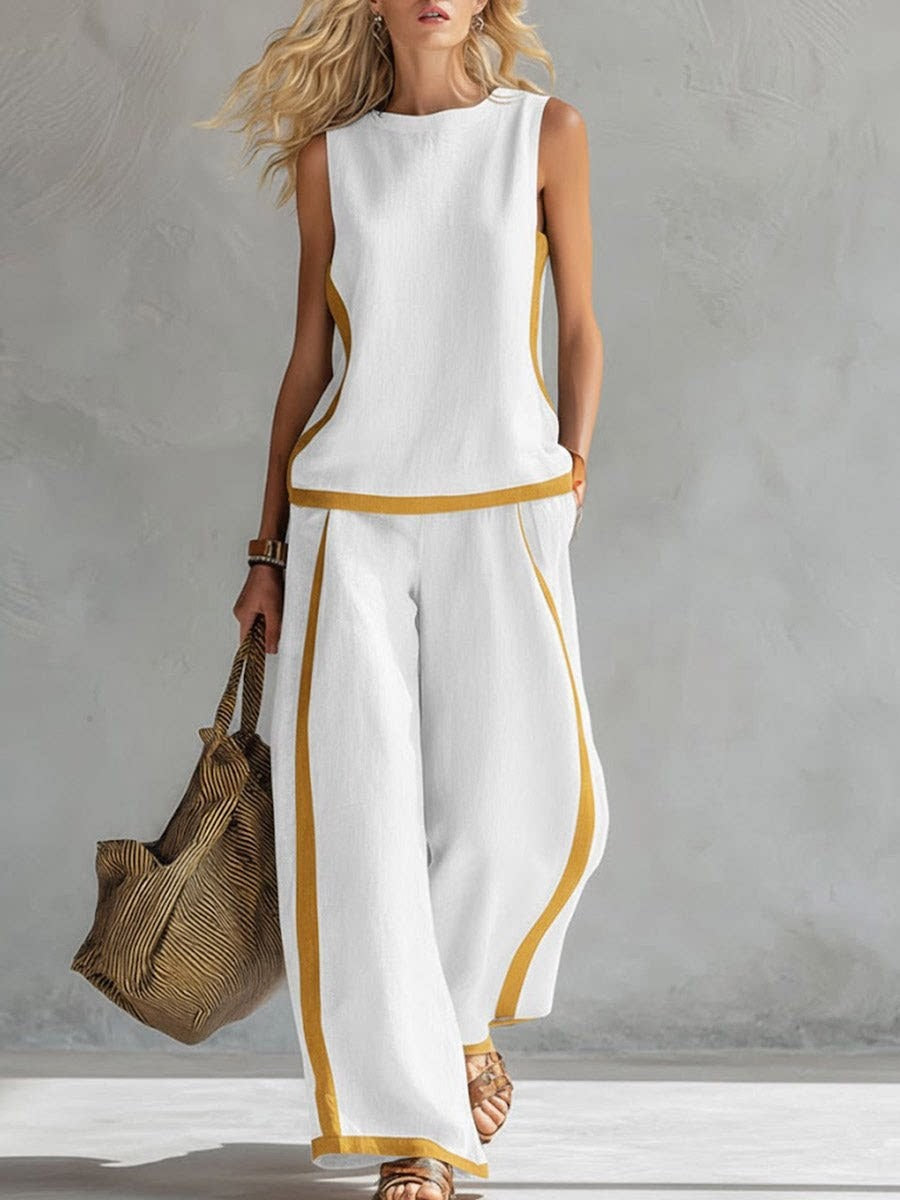 Sleeveless Color-blocked Wide-leg Pants Two-piece Set