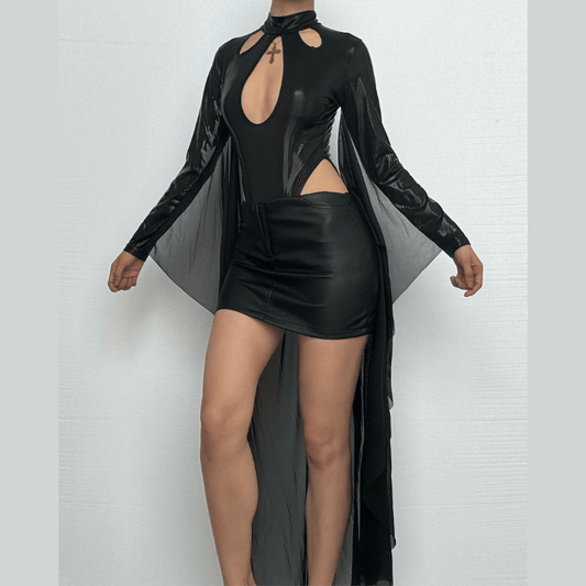 Long sleeve high neck PU leather hollow out mesh bodysuit-final-sale
