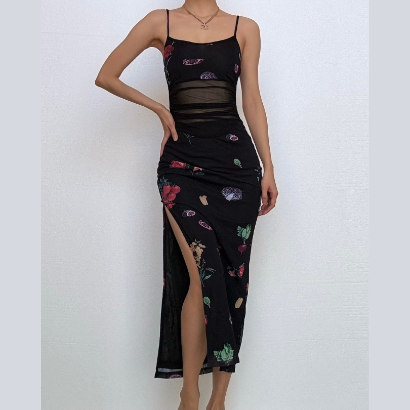 High slit print mesh backless cami midi dress