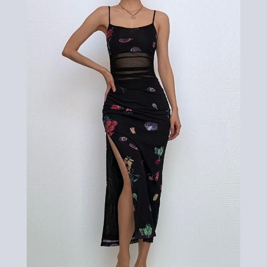 High slit print mesh backless cami midi dress