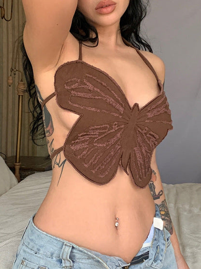 Butterfly 3D Frayed Hollow Out Strap Sling Top