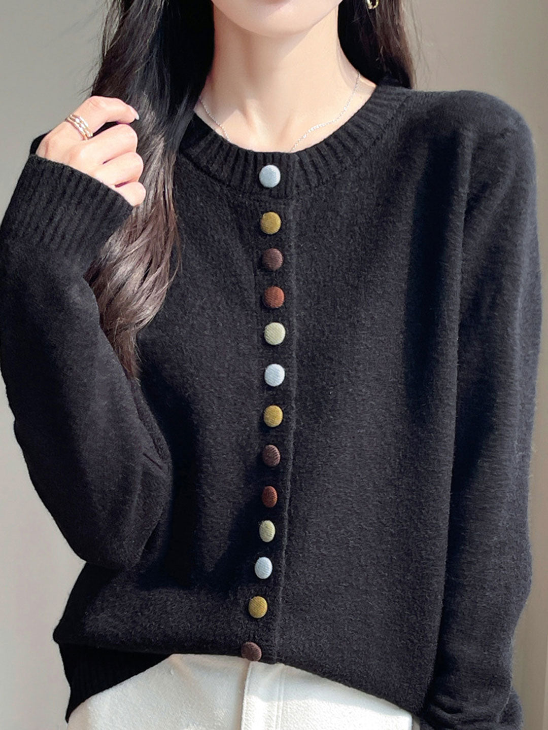 Sophia Classic Crew Neck Colorful Button Knitted Cardigan-Red