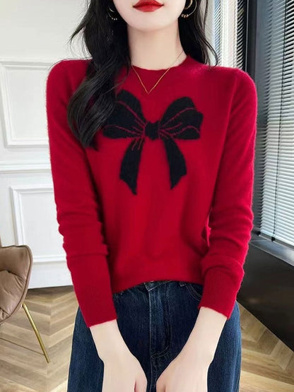 Charlotte Loose Crew Neck Bow Jacquard Knitted Top-Pink