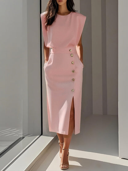 Crew Neck Sleeveless Buttons Slit Midi Dresses