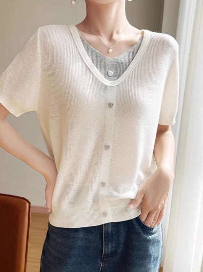Angelina Casual V-neck Patchwork Knitted Top