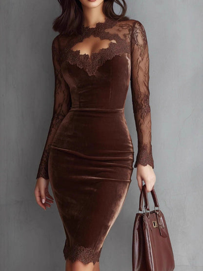 Lace Perspective Long Sleeve Trim Splicing Hip-hugging Midi Dresses