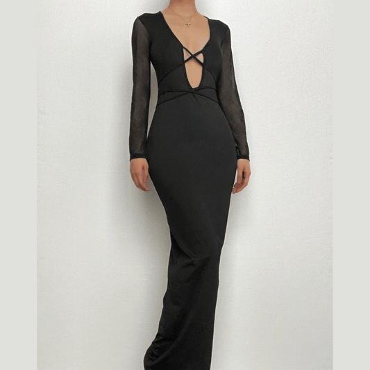 Mesh patchwork solid low cut long sleeve cross front maxi dress