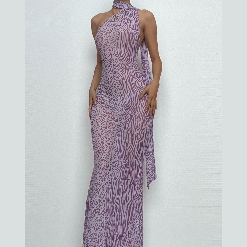 Halter leopard print sheer mesh backless maxi dress