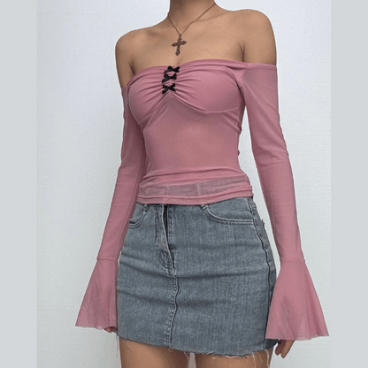 Bowknot long flared sleeve off shoulder mesh ruched top