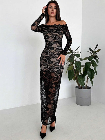 Liber Spring Women's Lace Geometric Patterns Maxi Dresses