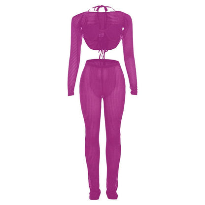 Halter shrug textured see through pant set