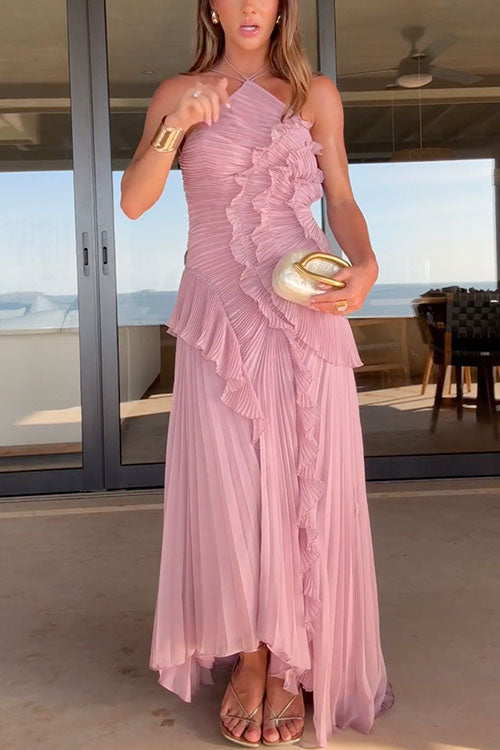 Strappy Halter Neck Ruffle Trim Asymmetric Hem Pleated Maxi Dress