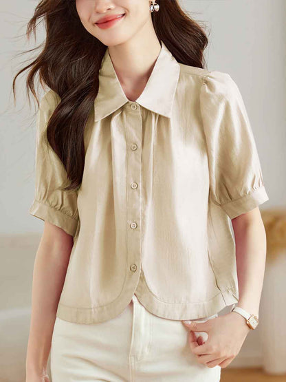 Aaliyah Loose Lapel Puff Sleeve Solid Color Top