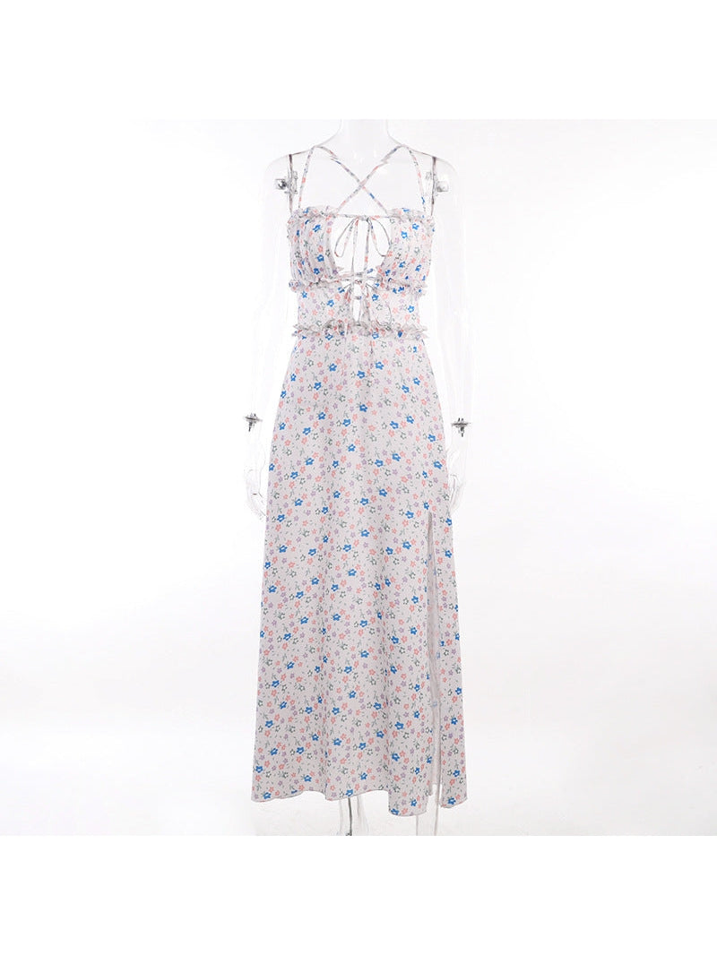 Floral Print Backless Laceup Cutout Split Dress