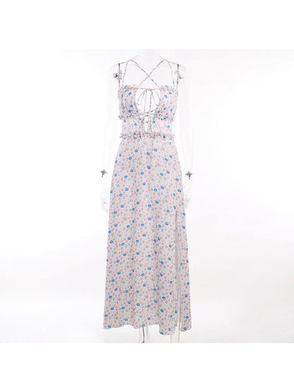 Floral Print Backless Laceup Cutout Split Dress