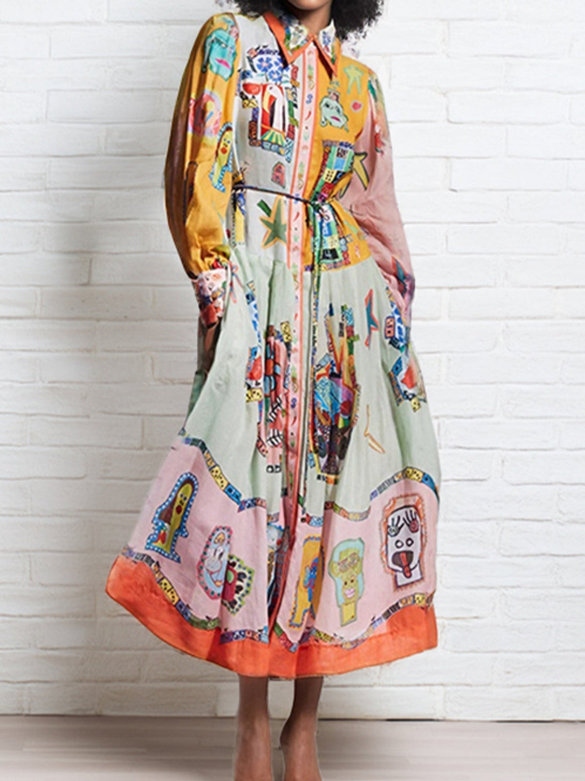 Floral Print Bohemia Polo Collar Lantern Sleeves Maxi Dresses