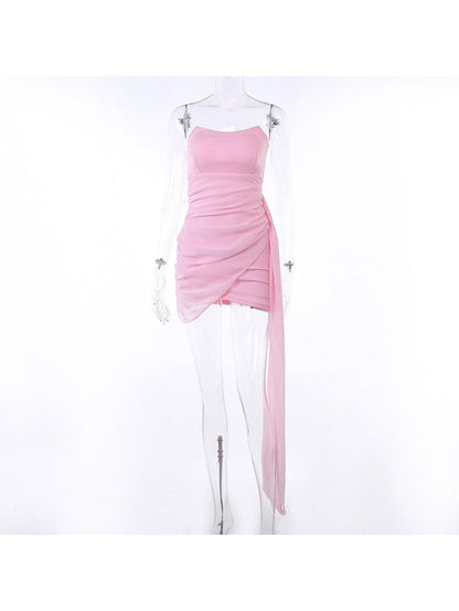 Pink Tube Top Mesh Ribbon Bodycon Dress