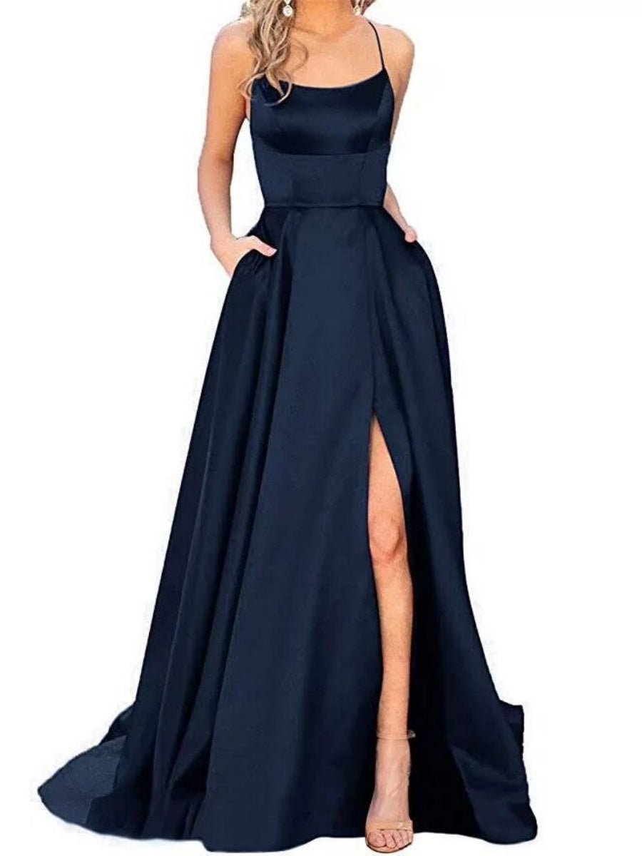 Silk High Fork Solid Color Camisoles Maxi Dresses