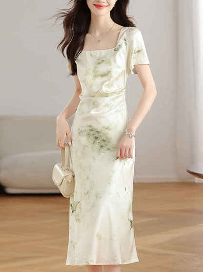 Ariana Elegant Square Neck Satin Printed Dress