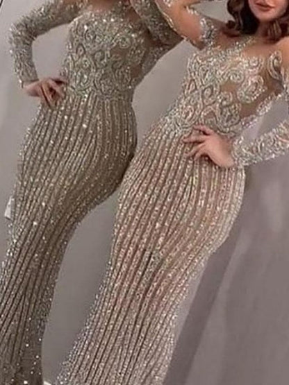 Mid-waisted, Elegant, Sequined, Gold-flecked, Fitted Long Dress For Commuting.