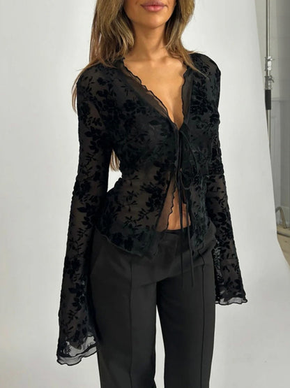 Deep V-neck Chiffon Burning Flowers Long Sleeve Designer Shirt
